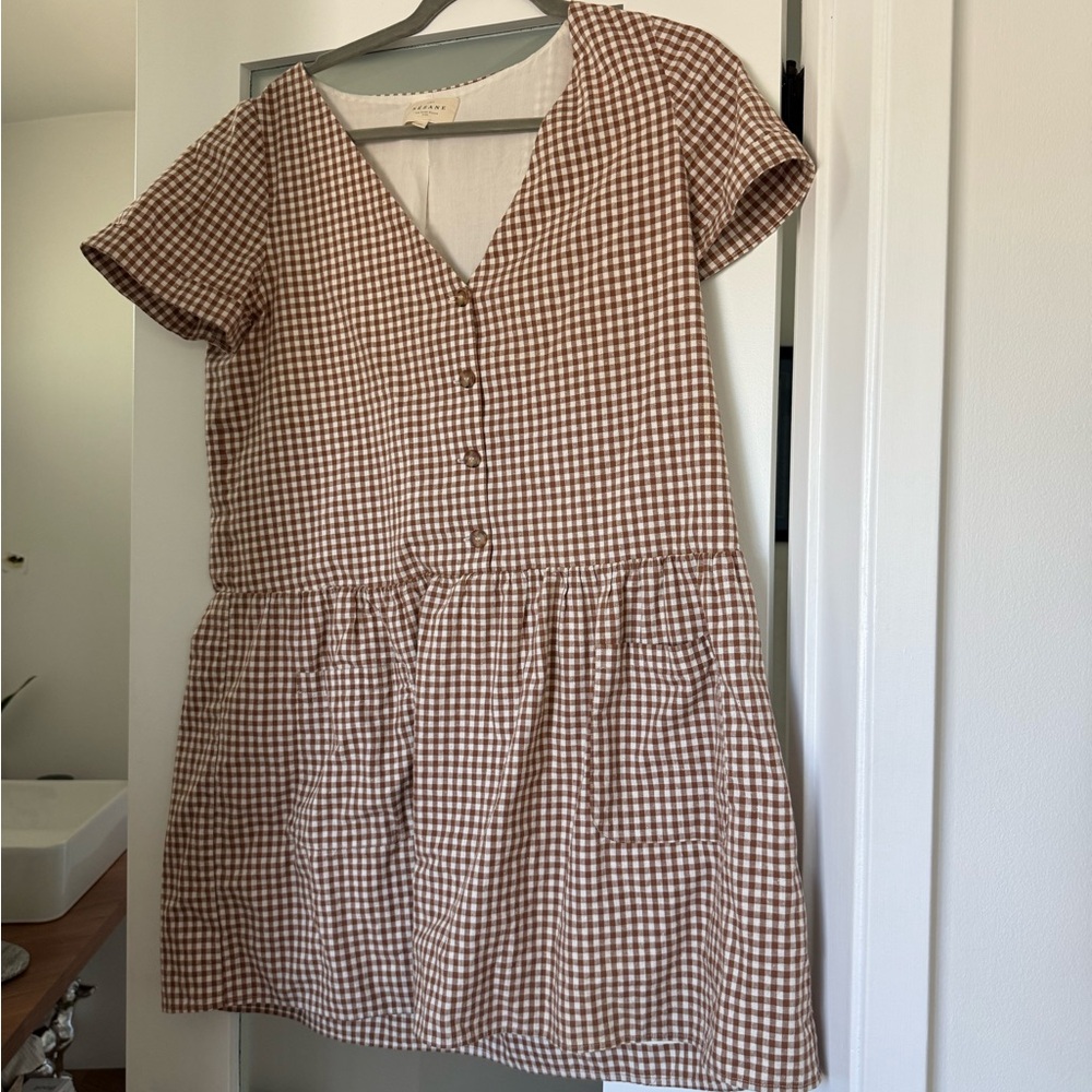Sezane Brown Gingham V-Neck Mini Dress